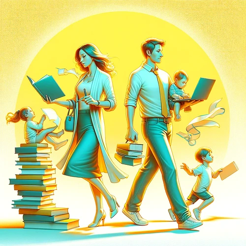 DALL·E 2024-01-17 04.42.08 - A revised sunny and life-affirming illustration showing two university graduates, a man and a woman, balancing work, raising young children, and findi