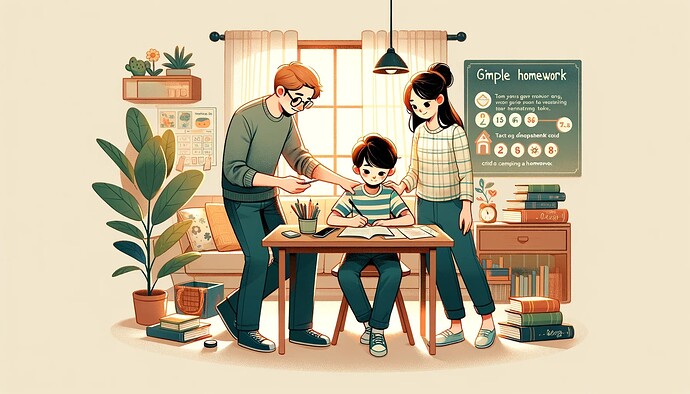 DALL·E 2023-12-12 17.46.06 - A family-themed illustration capturing the essence of an article about teaching a 9-year-old child to become self-reliant in homework tasks. The scene